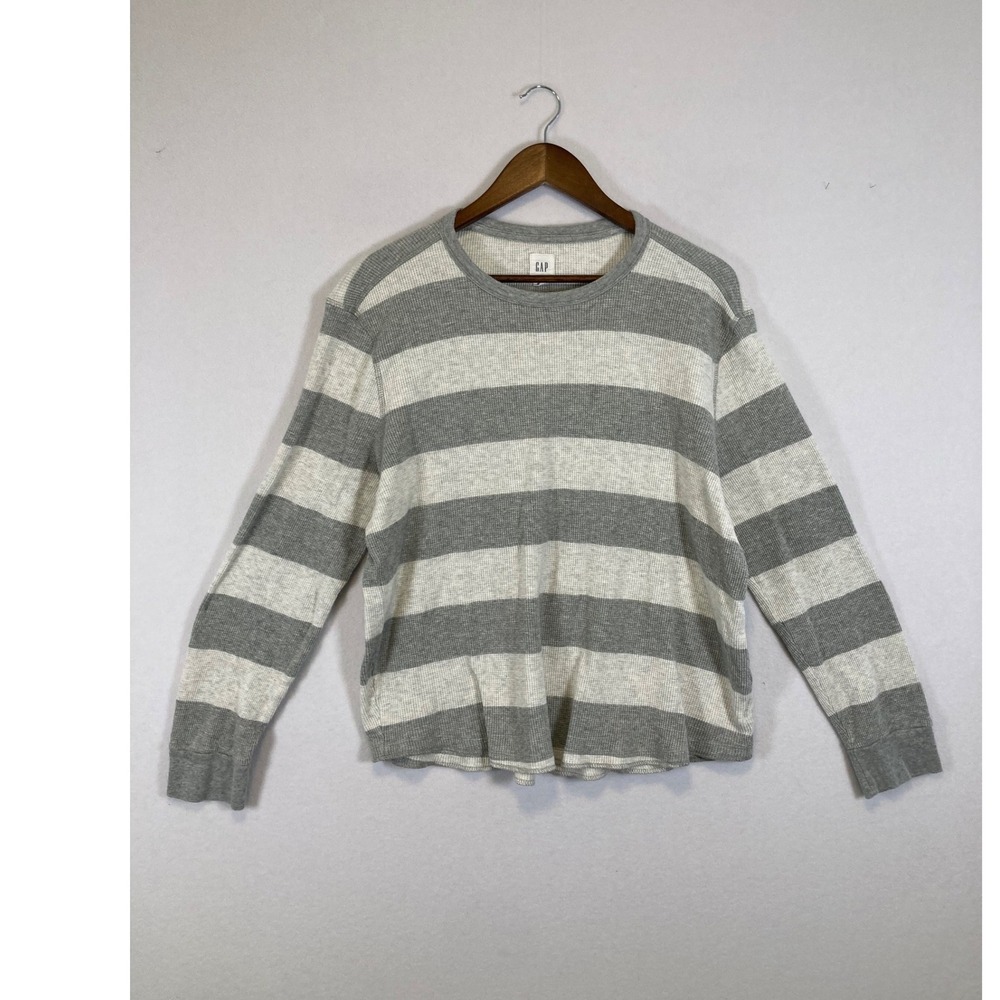 GAP‎ Waffle Knit Thermal Long Sleeve Shirt Womens Large Grey Striped Cotton